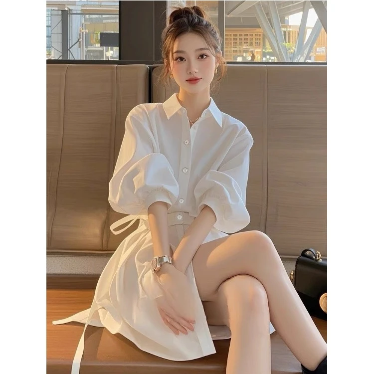 2025春季新款女装御姐别致绝美法式高级感收腰白色衬衫式连衣裙子