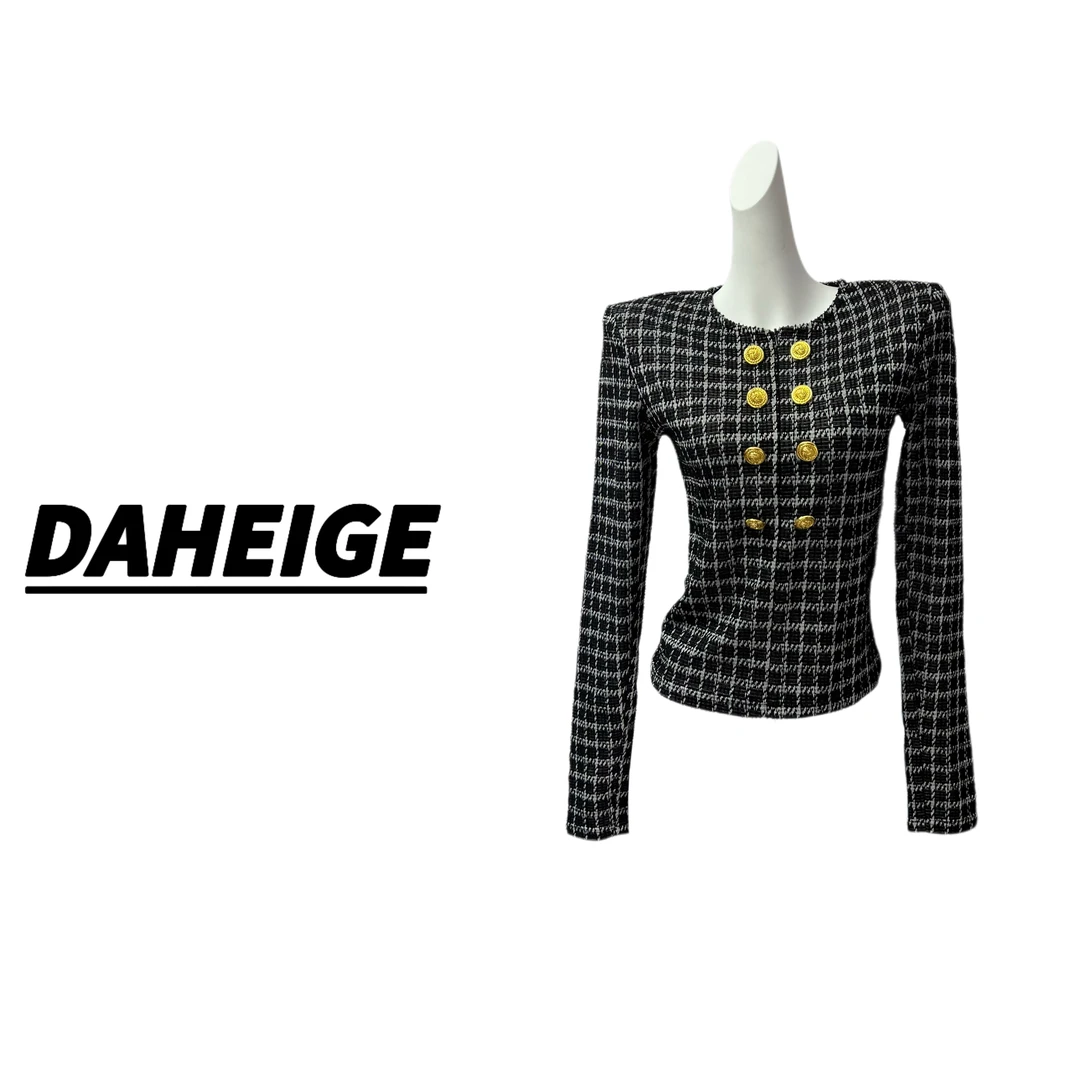 D.hge3001#冬季双排扣复古内搭长袖纯色小香风修身常规款女装上衣