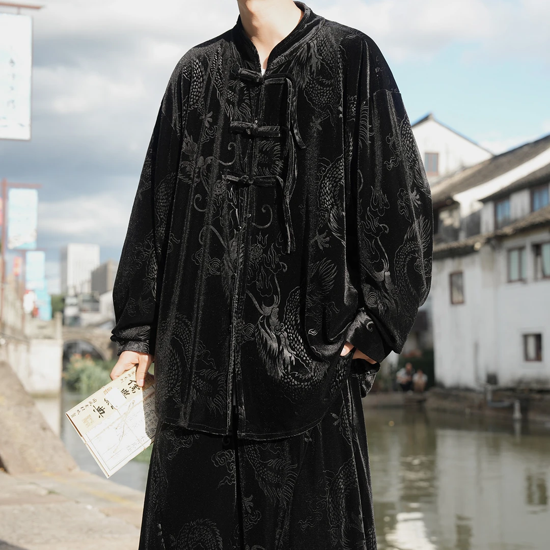 黑色金丝绒复古潮牌唐装外套男中国风马褂上衣宽松大码立领中山装