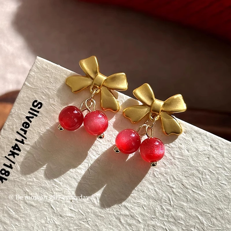 合金树脂耳饰 蝴蝶结红色珍珠耳环女2025新款高级感新年绝美耳钉
