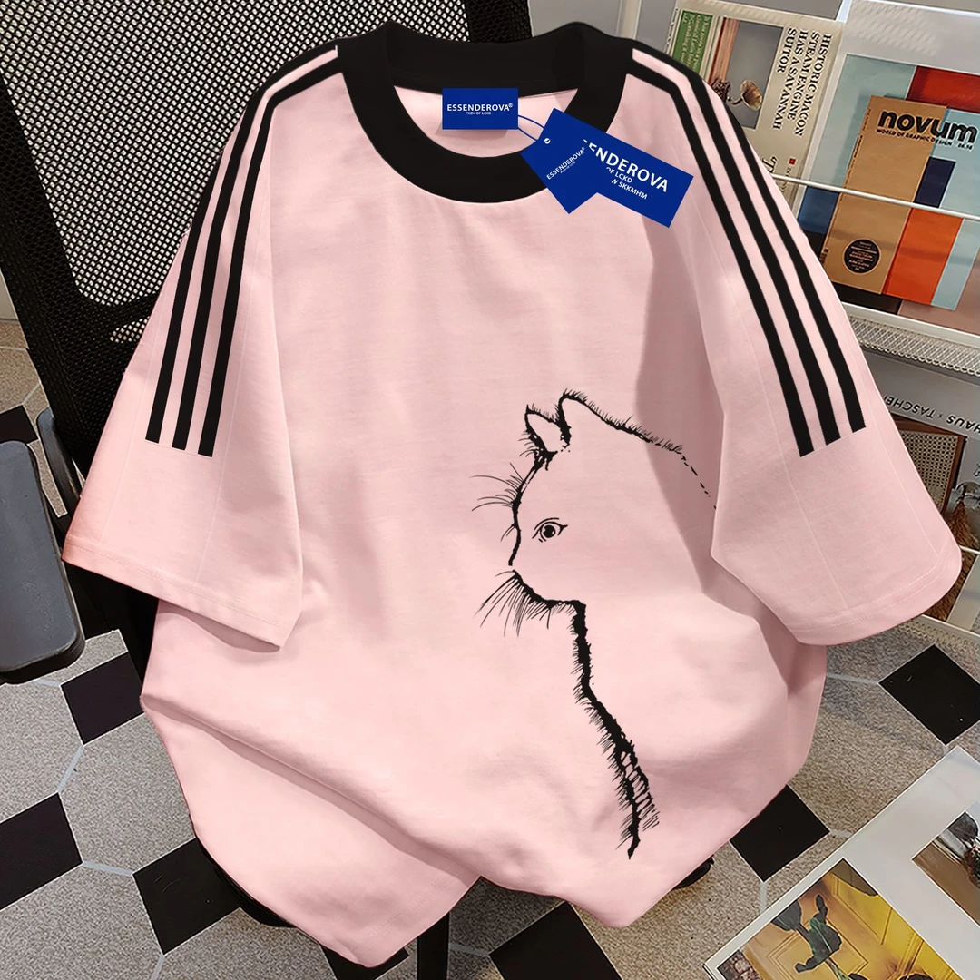 100%纯棉可爱猫咪印花三条杠短袖t恤女2025夏季新款宽松百搭上衣