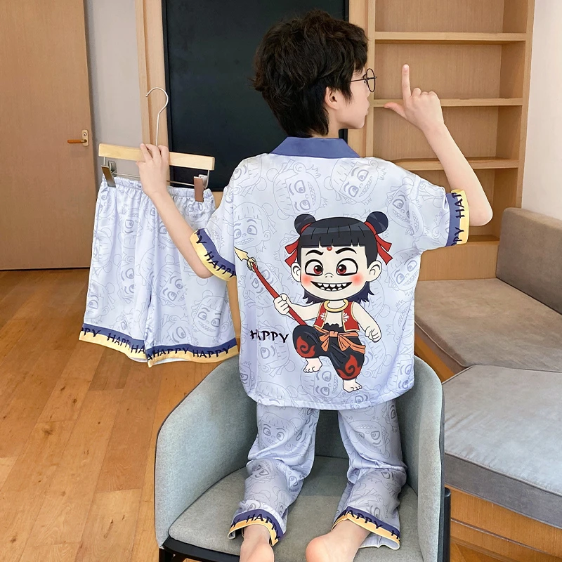 YUZHAOLIN/俞兆林卡通洋气可外穿男大童夏季短袖冰雪丝睡衣三件套