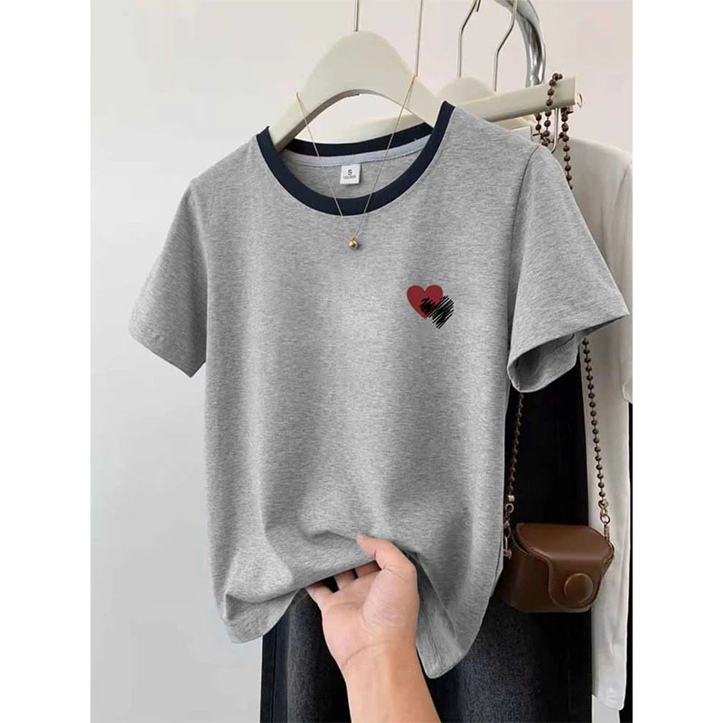 正肩撞色短袖t恤女2025夏季爆款时尚百搭洋气减龄灰色上衣打底衫