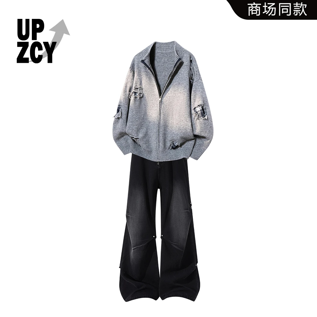 UPZCY慵懒风破洞开衫毛衣套装男秋冬季潮流高街百搭牛仔裤两件套