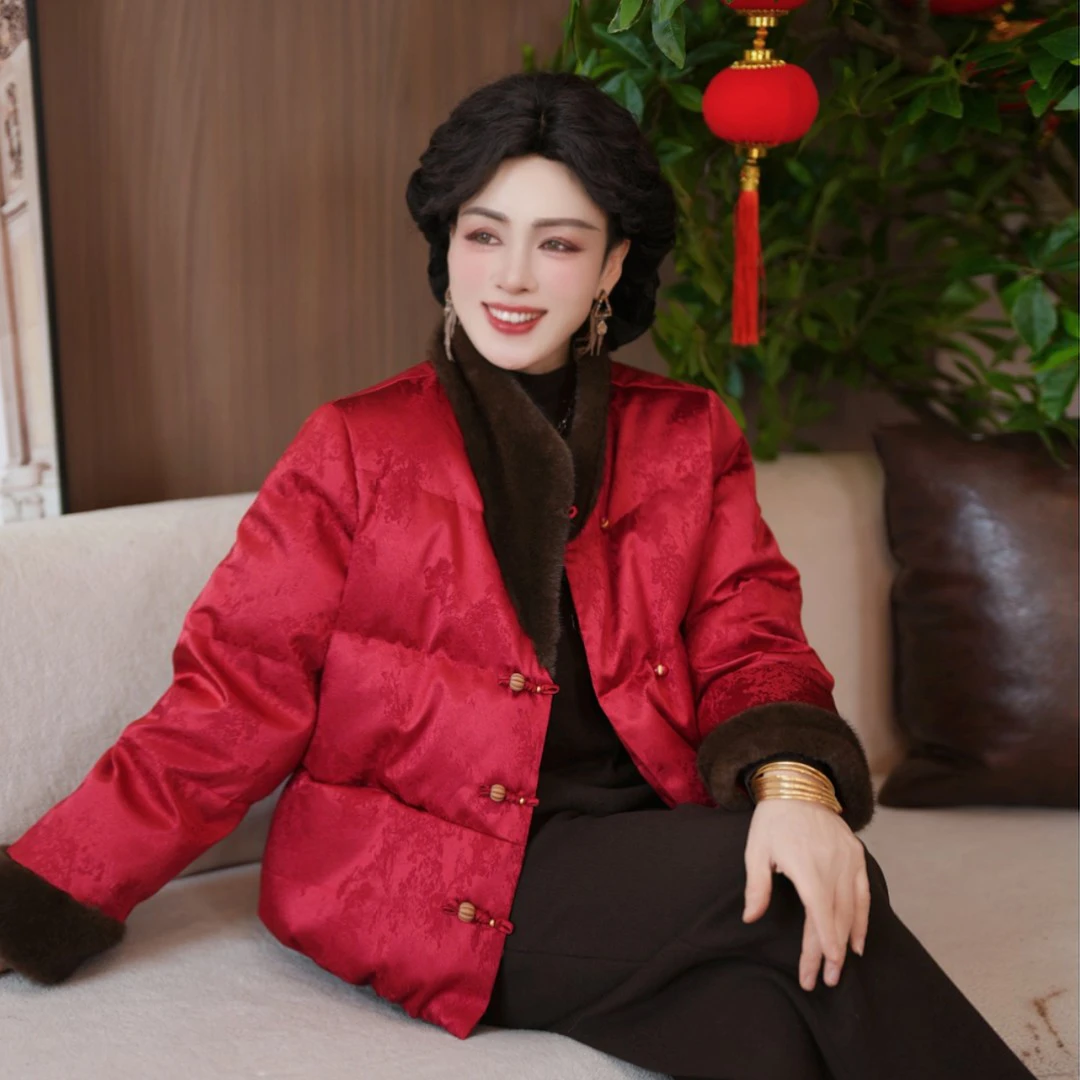 2025新款妈妈装国风冬装90白鸭绒羽绒服年货中年女装保暖冬季外套