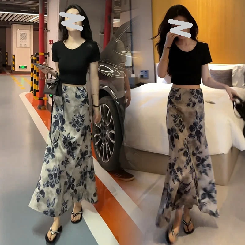 【有运费险】气质减龄高腰印花半身裙套装女2025夏季新款时尚两件套