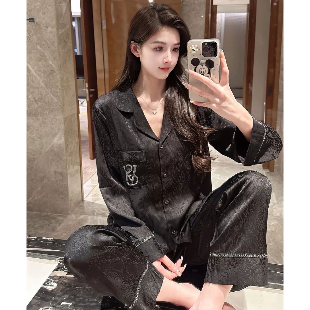 V字母烫钻冰丝提花睡衣女士2025春秋长袖短袖薄款高级感家居服女