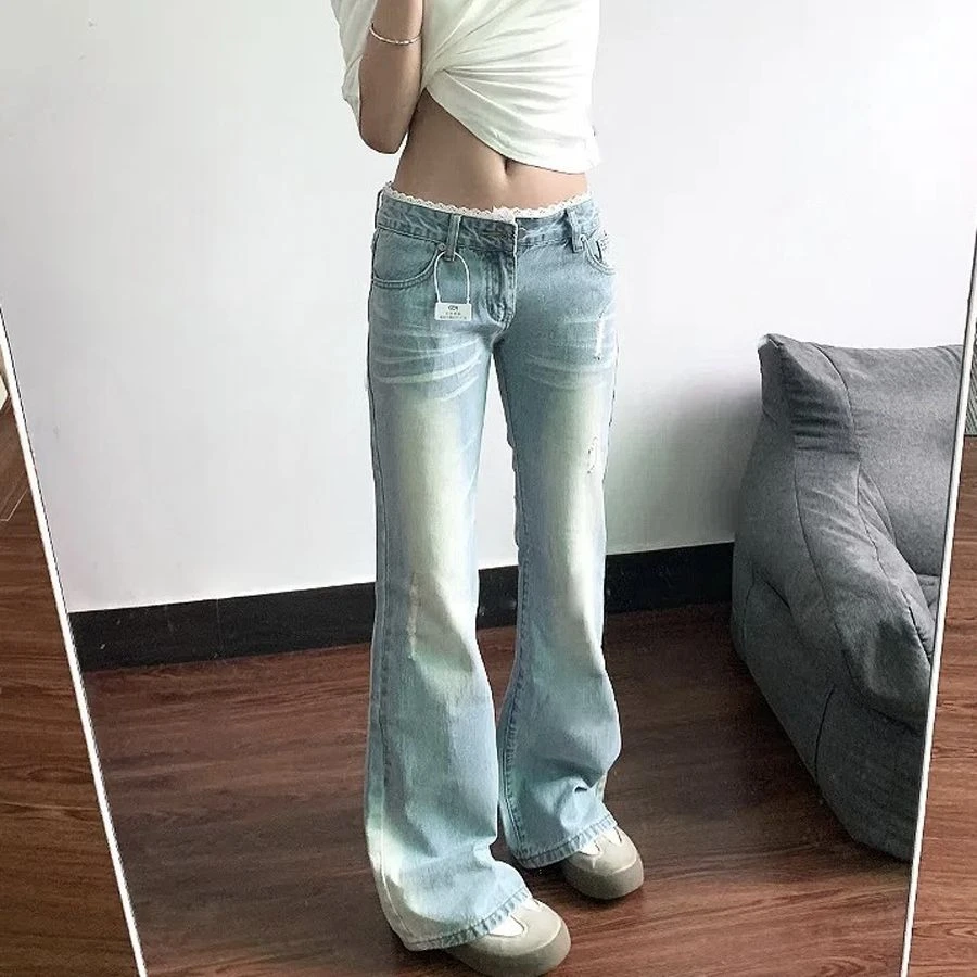 浅蓝色水洗微喇牛仔裤女小个子蕾丝拼接辣妹低腰显瘦拖地马蹄长裤