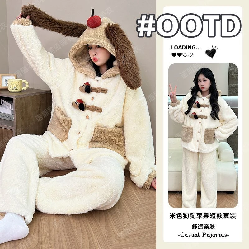 珊瑚绒睡衣女新款2025冬季加绒加厚保暖爆款卡通苹果狗家居服套装