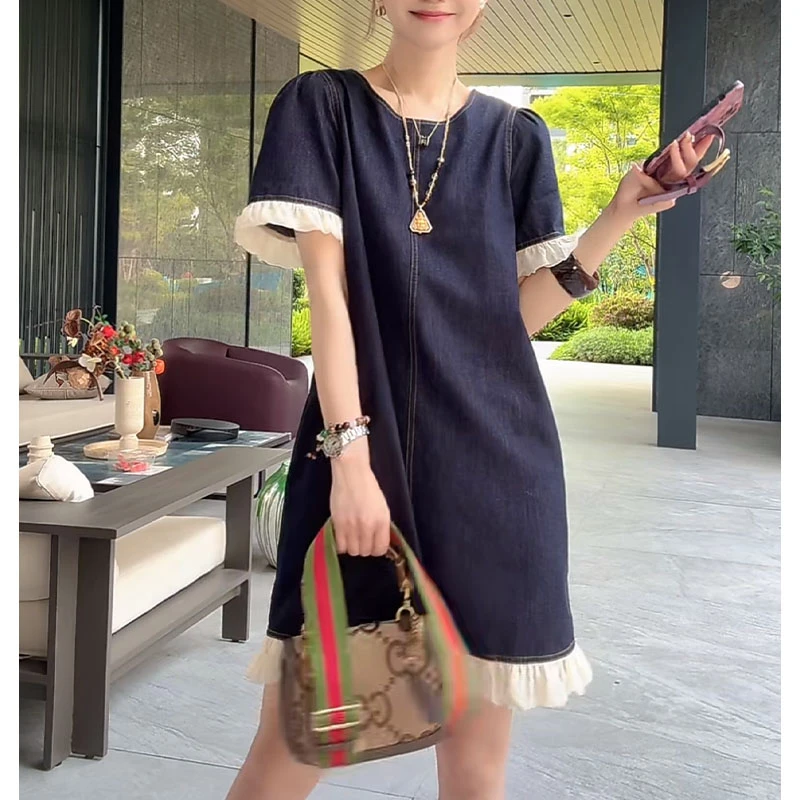 高级感木耳边拼接撞色短袖牛仔裙女夏季新款气质复古宽松显瘦裙子