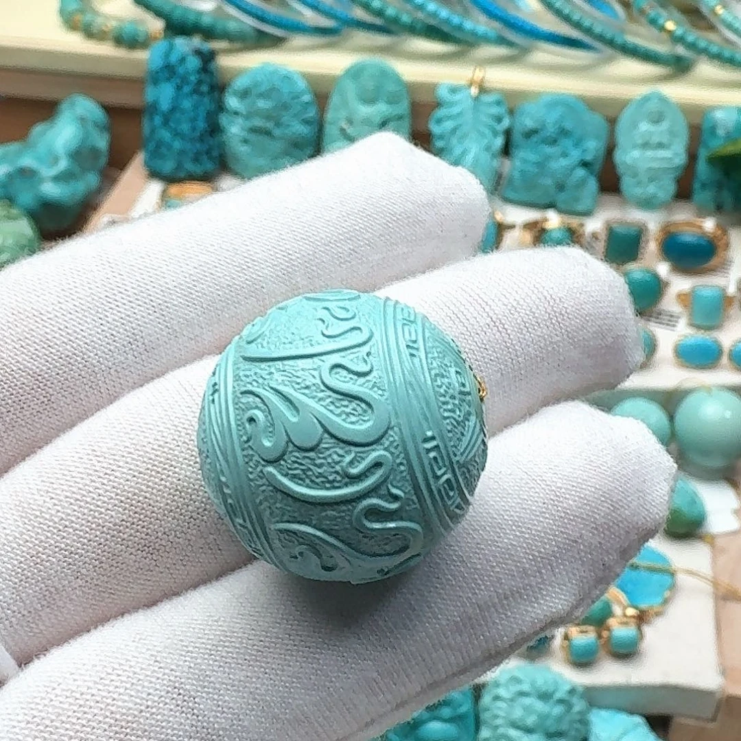 @***理绿松石未镶嵌高瓷绿精雕六字箴言圆珠22.6