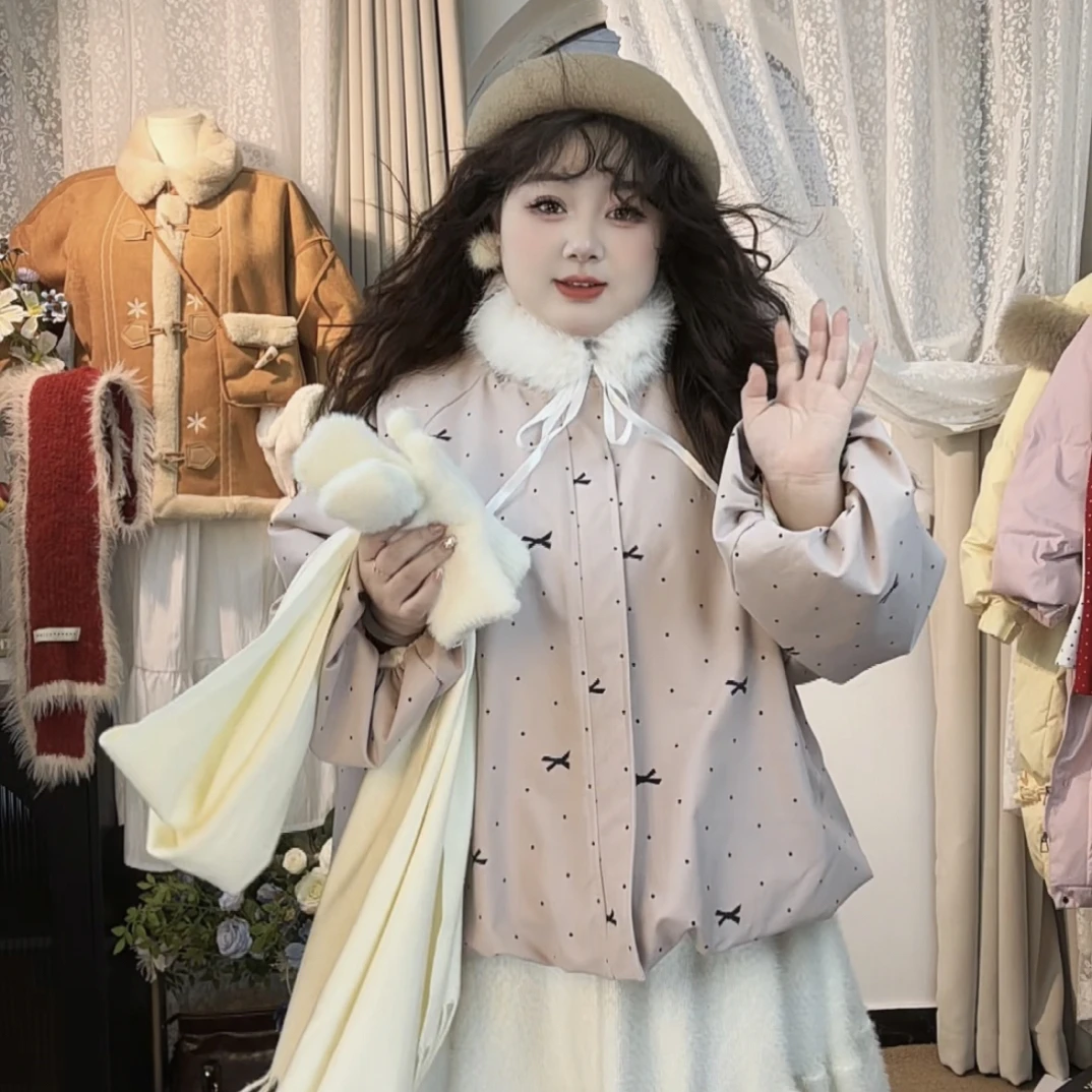 甜美波点蝴蝶结短款棉服大码女2025新款冬加厚保暖独特漂亮小棉袄