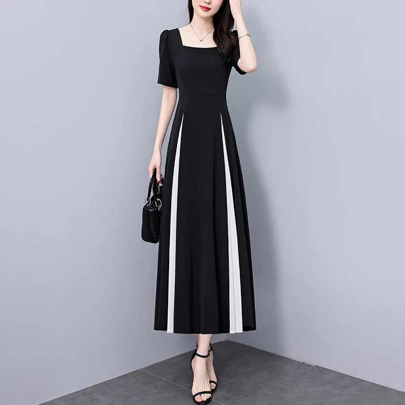 高档赫本风黑色连衣裙夏长款2025夏季新款大码收腰显瘦胖mm小黑裙