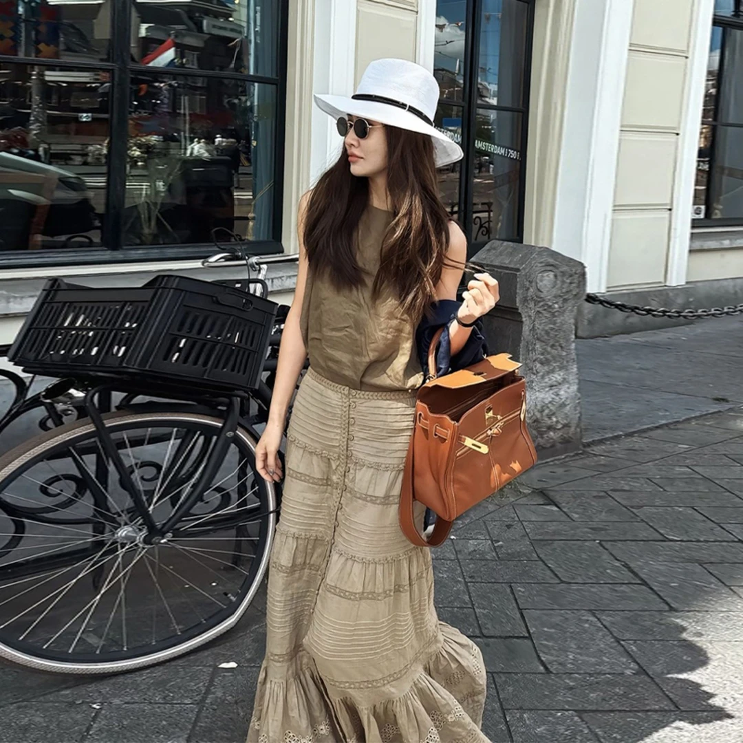 2025超火夏装一整套韩系松弛感时尚百搭高级感咖色上衣半身裙套装