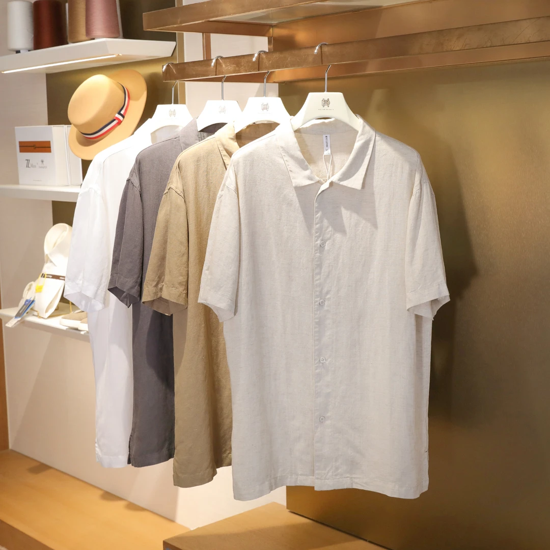 高级感老钱风2025夏季复古慵懒风凉感混纺短袖衬衫男1088