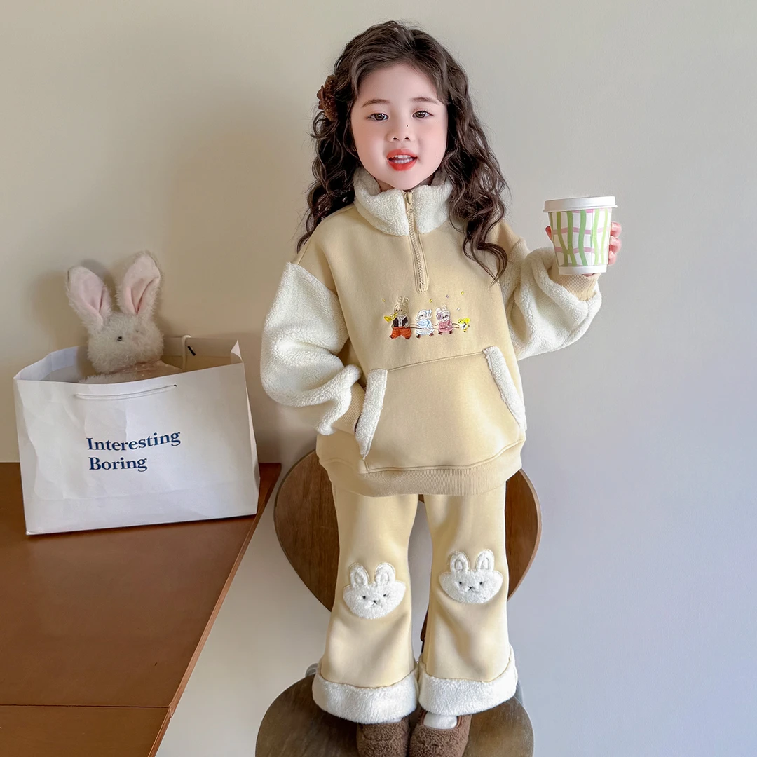 女童加绒卫衣套装秋冬季2025新款儿童可爱加厚两件套宝宝保暖衣服