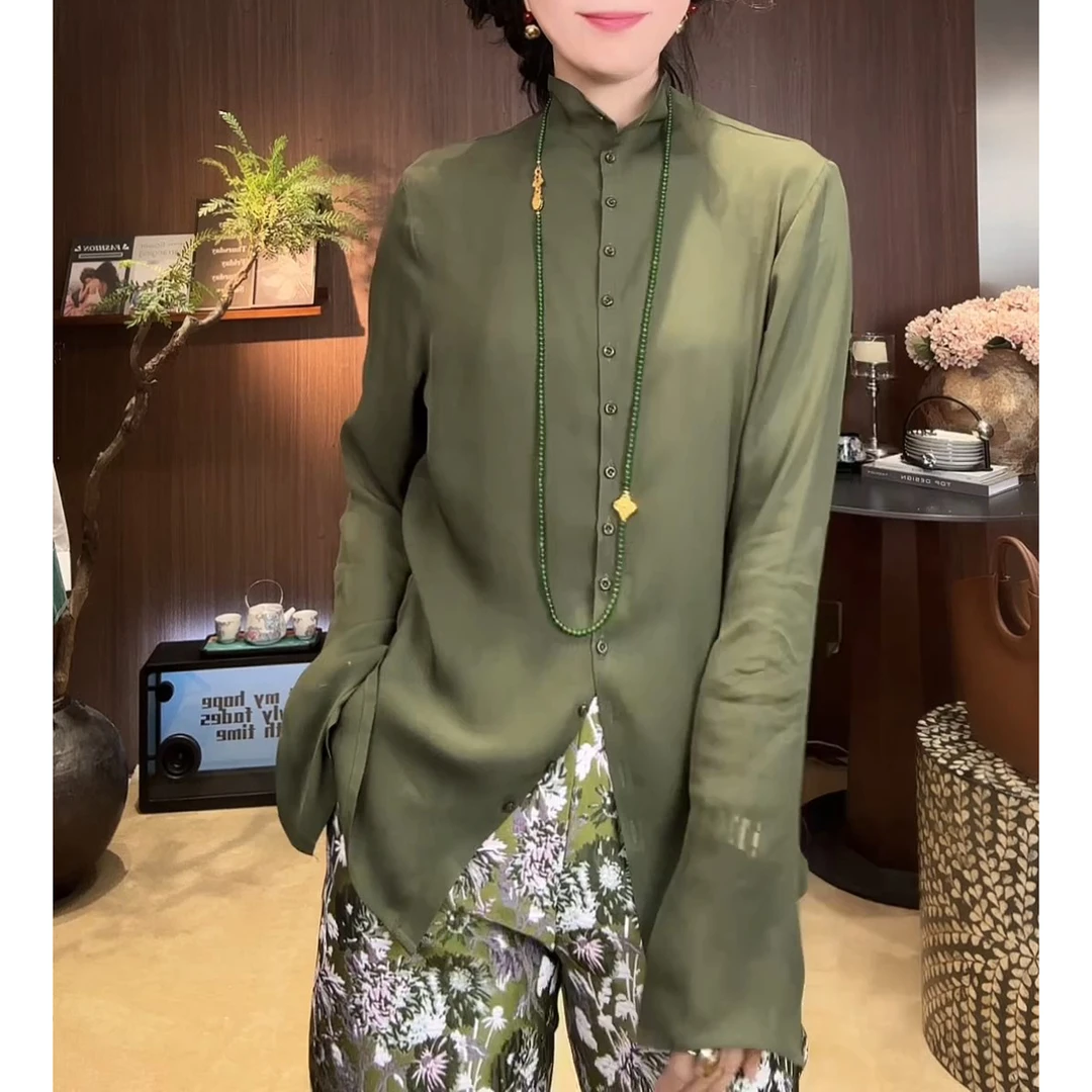 2025春季新款时尚宽松长袖立领衬衫女大码气质设计感纯色小衫上衣