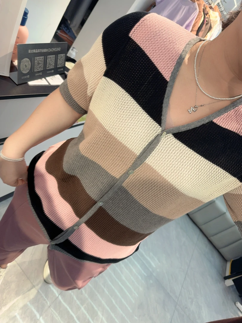 水淼2025/夏新款女士时尚0300毛衫开衫T恤针织气质条纹拼色轻奢