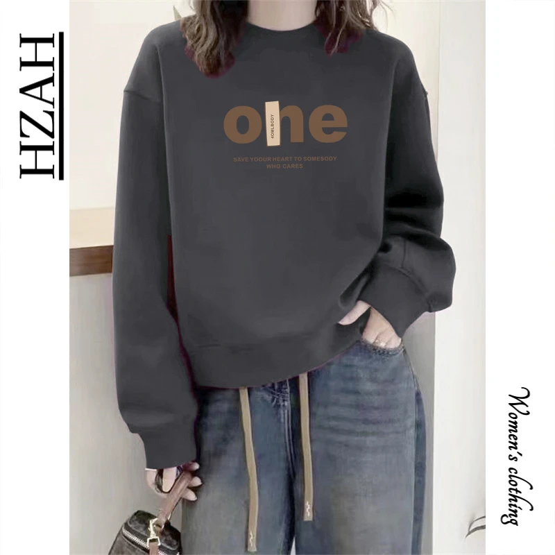 HZAH官方圆领套头打底衫加绒加厚卫衣女2025秋冬新款宽松韩版外套