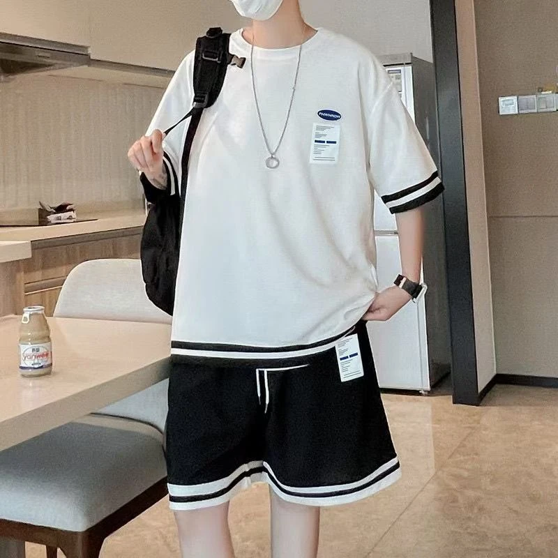 短袖夏季青少年提花休闲运动套装大码帅气男士简约时尚运动