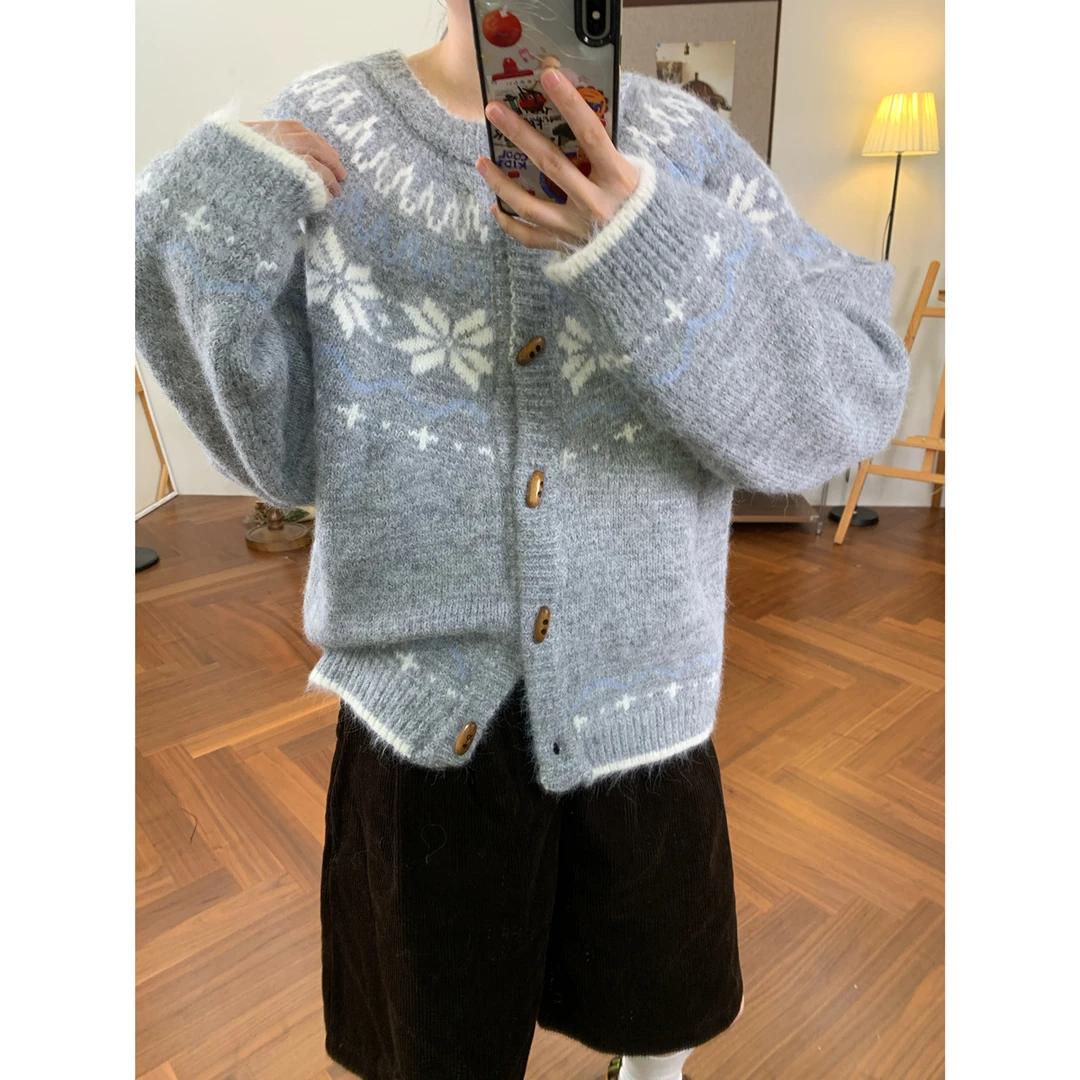 复古慵懒风牛角扣费尔岛毛衣外套女秋冬新款加厚宽松百搭针织开衫