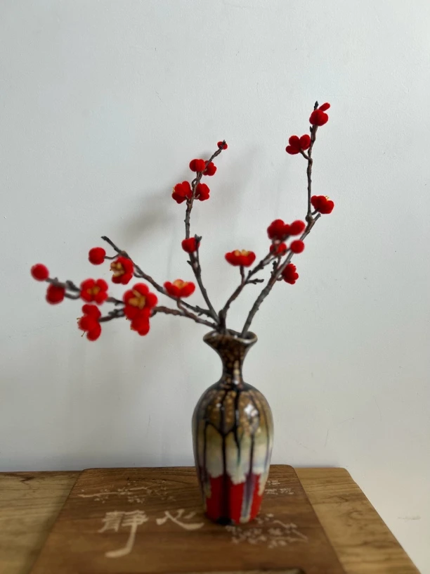 非遗绒花新中式古典陶瓷花瓶客厅插花禅意装饰品摆件