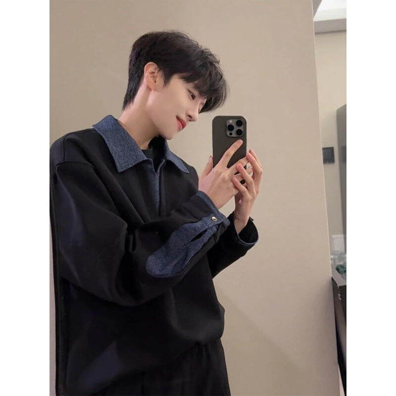 【奥莱撤柜】黑色假两件翻领卫衣男春季小众设计感拼接polo衫美式