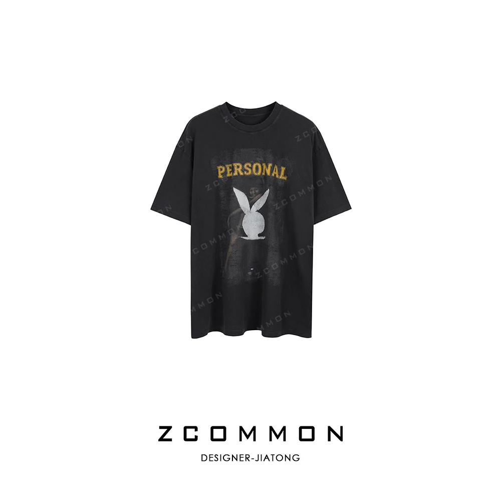 Z common【短袖】春夏季兔子印花做旧套头设计款短袖T恤 2402067