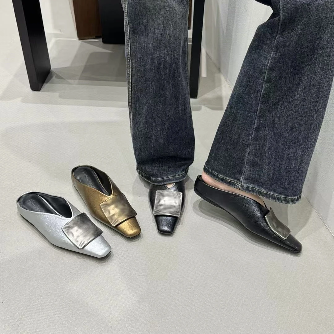 纸醉金迷~法式轻奢夏天凉拖鞋方头内增高金属扣包头半拖鞋女外穿