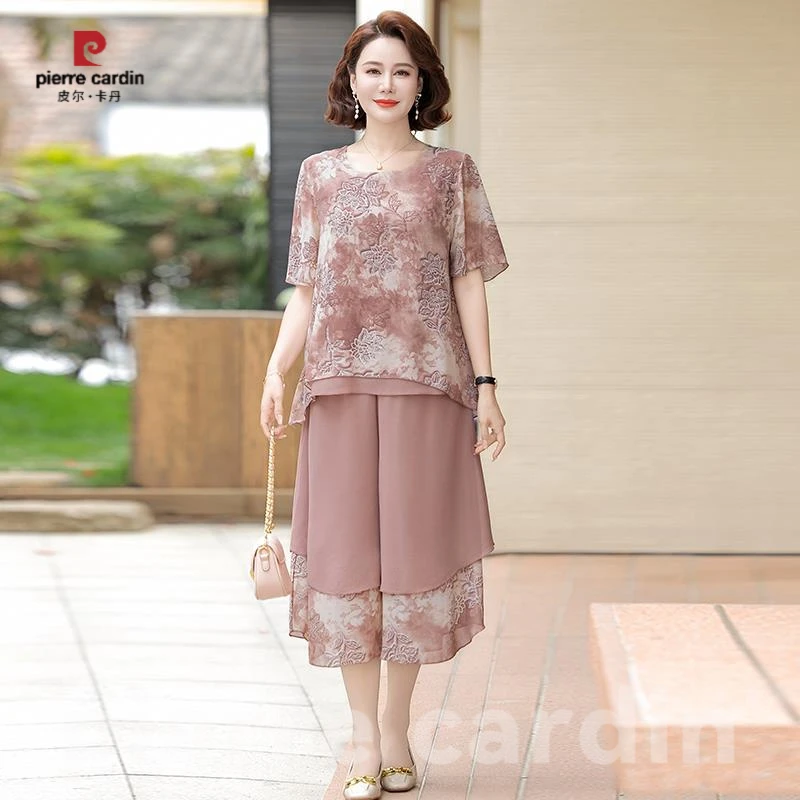 皮尔卡丹2025新款妈妈夏套装洋气中年女短袖t恤中老年女雪纺小衫