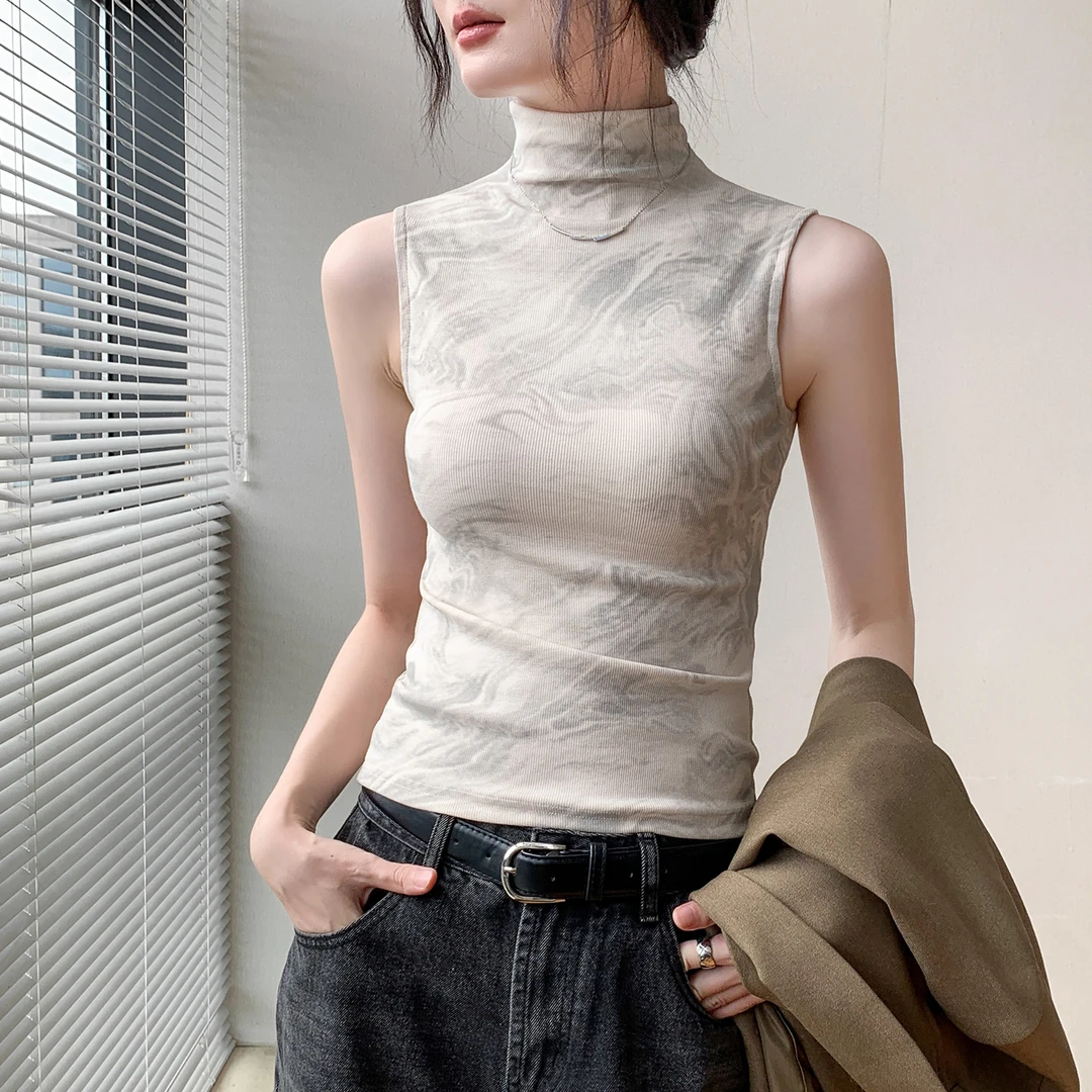 高领别致扎染背心女2025秋季新款修身显瘦内搭打底衫百搭无袖上衣