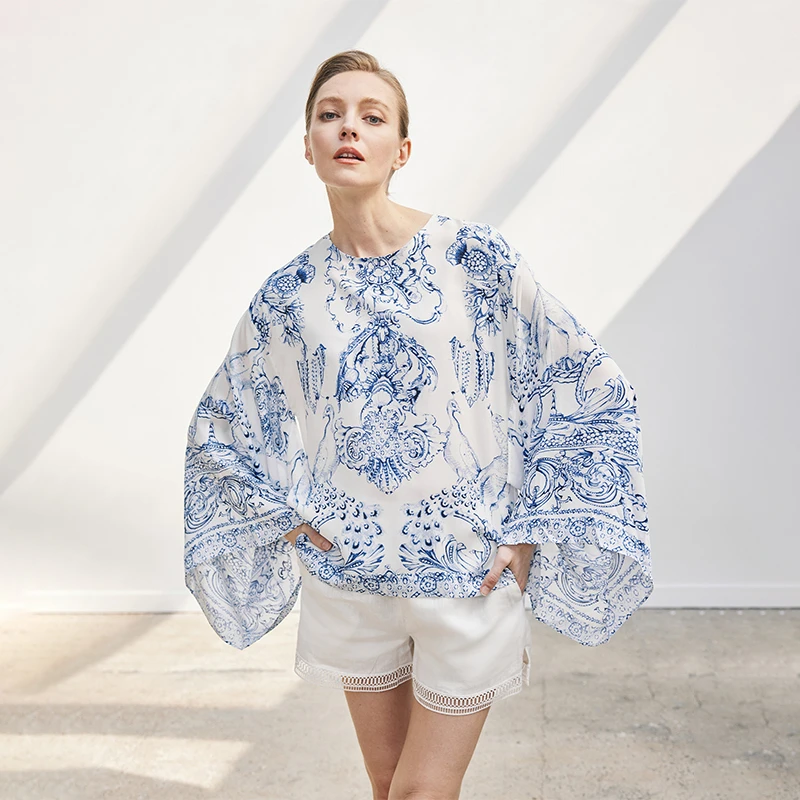 QIQIFUR 真丝新中式上衣 桑蚕丝国风青花印花春夏气质长袖衬衣女