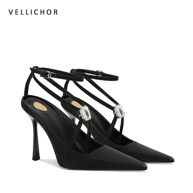 黑色水钻高跟鞋浅口细跟2025夏季爆款法式气质性感高级感包头凉鞋