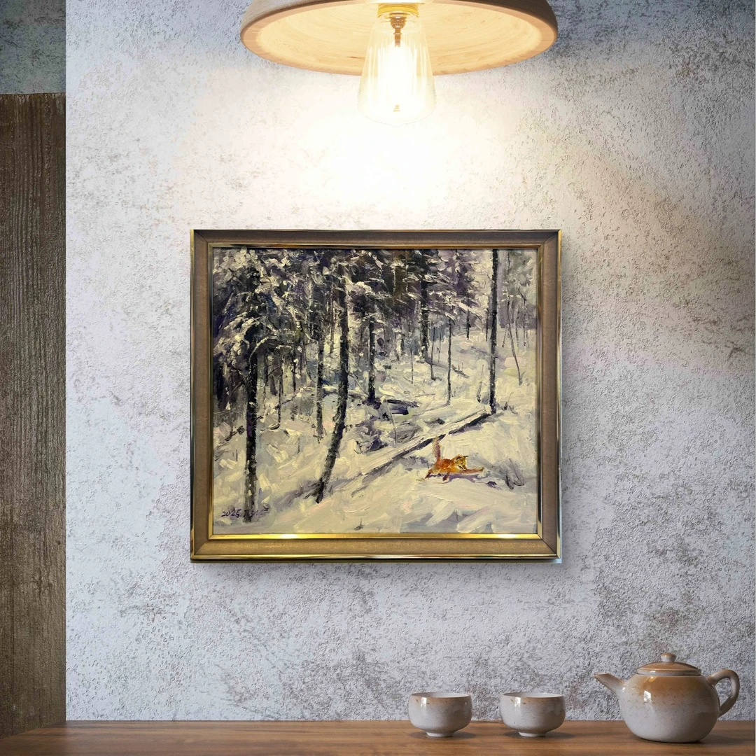 王彬《雪中狐》布面油画60×70CM