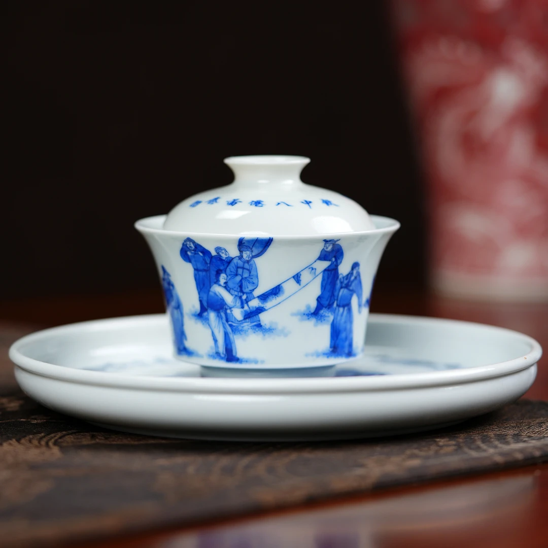 天心雅器青花手绘饮中八仙盖碗茶具景德镇传统仿康熙人物工艺特色