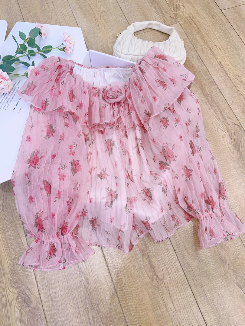 琳心丨夏季新款法式一字肩荷叶边碎花长袖衬衫 SX115