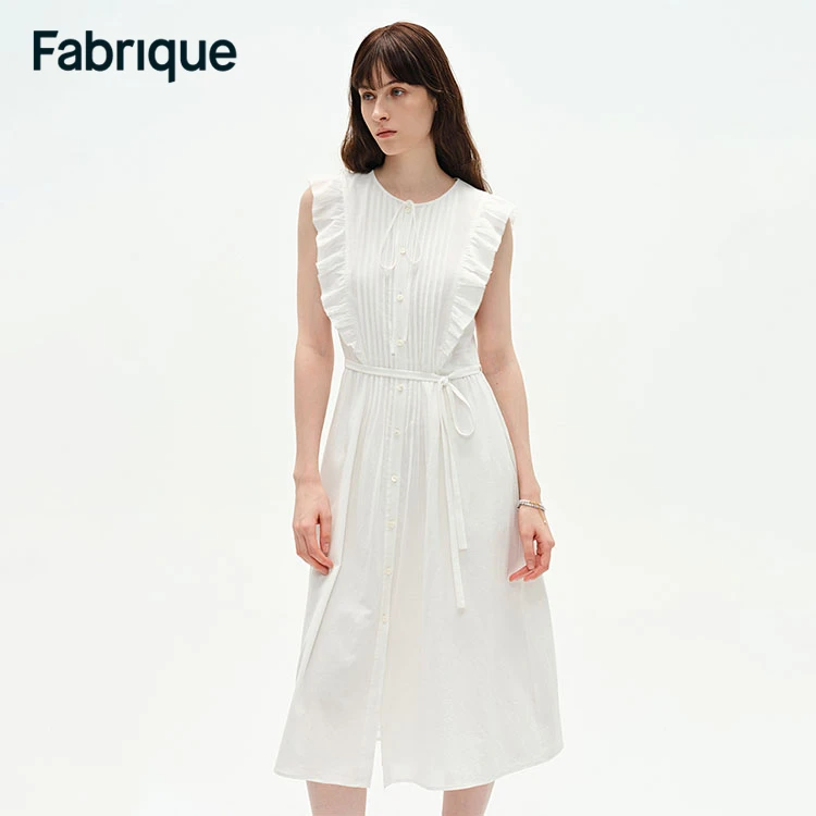 Fabrique Lucy 春夏新款栀子白微透纯棉荷叶边法式优雅无袖连衣裙