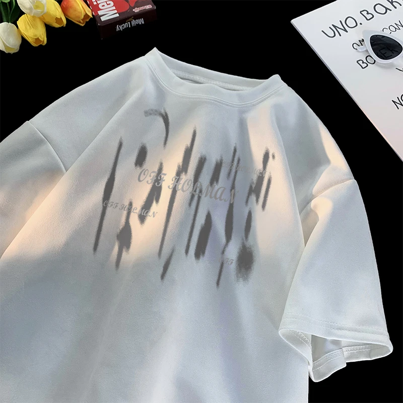 美式重磅痞帅仿麂皮绒短袖T恤男生潮牌印花夏季宽松休闲半袖上衣