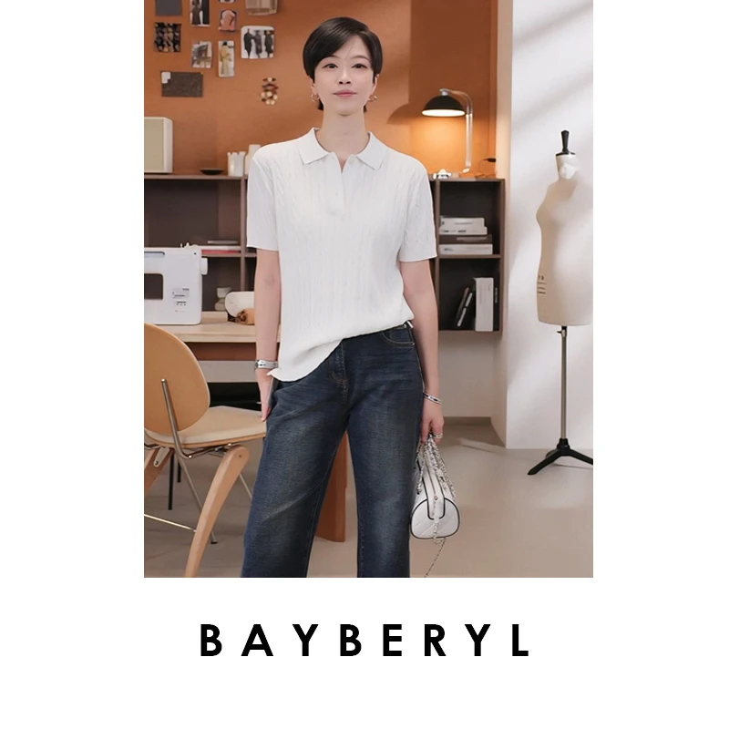 BAYBERYL老贝冰感Polo领醋酸棉绞花百搭短袖针织衫ZZS5F0506-6/29