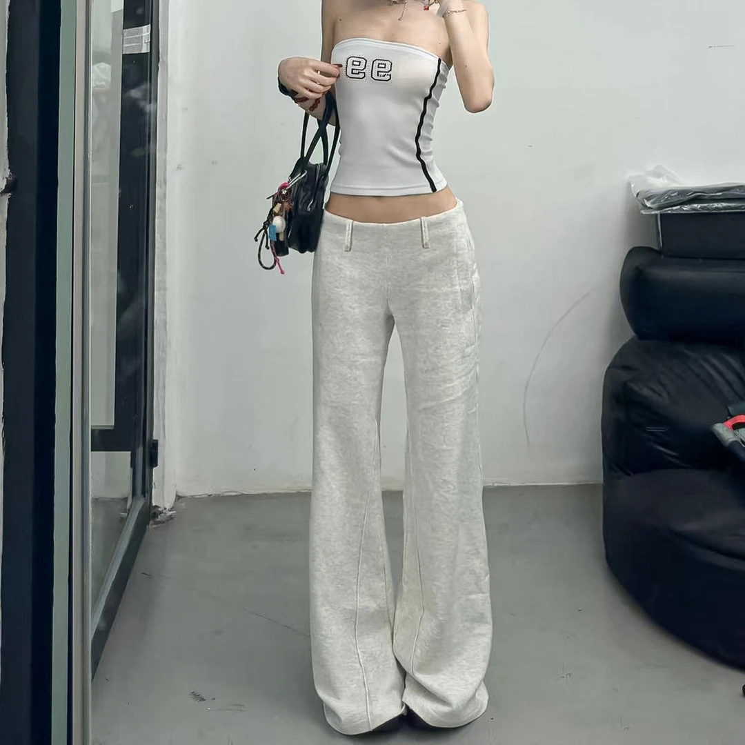 美式白灰色低腰运动裤女秋季2025新款喇叭裤休闲窄版阔腿微喇卫裤