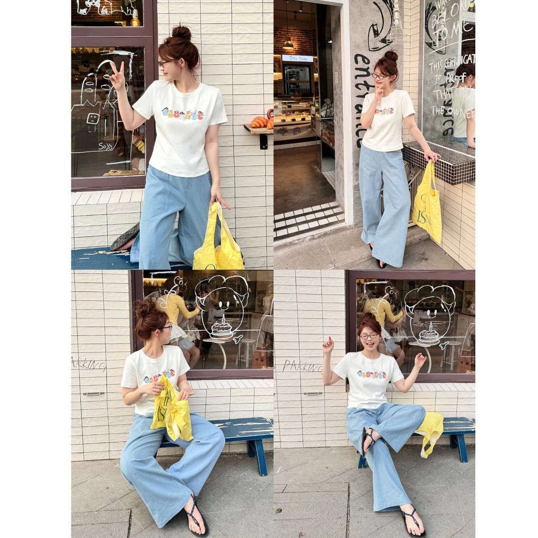 晶咕【趣味字母T】胸前趣味图案正肩短袖T恤上衣圆领打底显