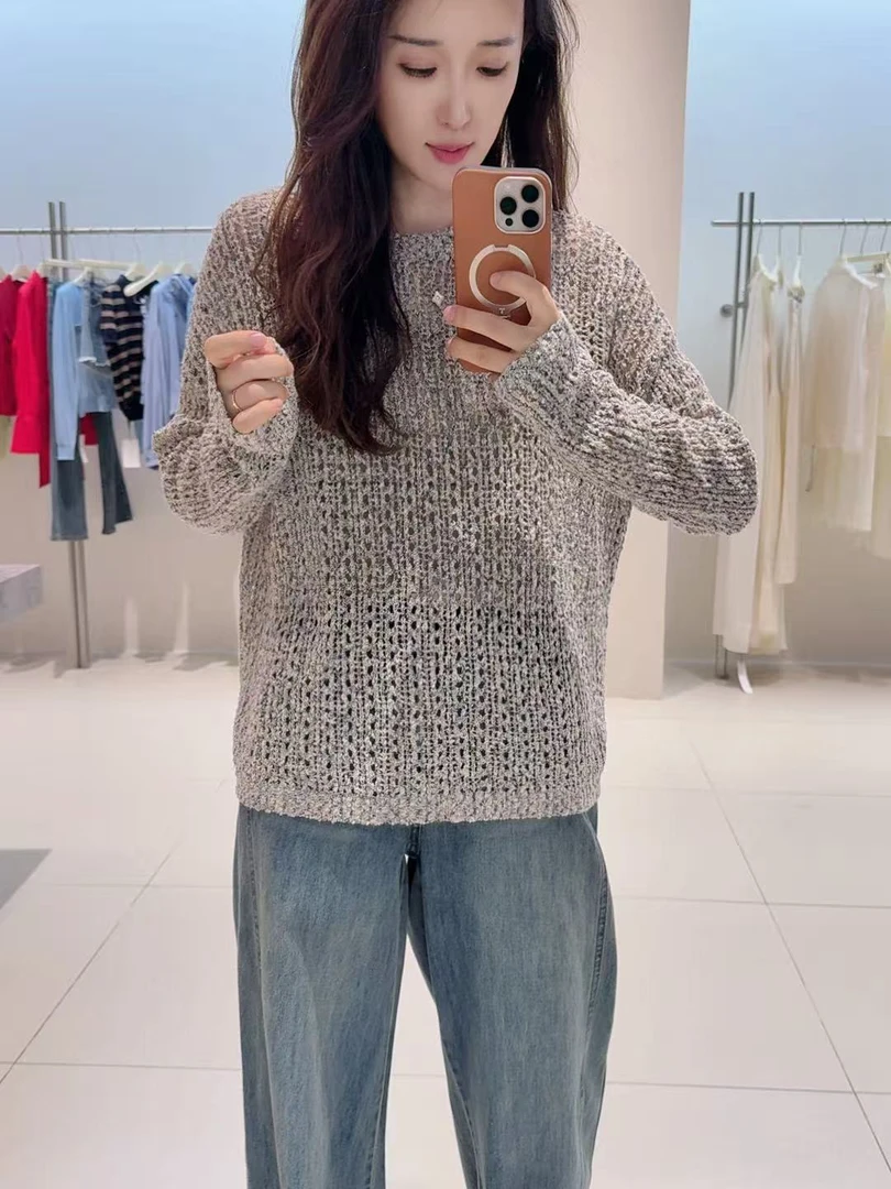 针织衫-25121圆领混色减龄镂空针织衫