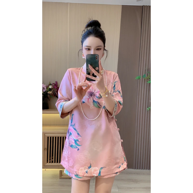 【粉色牡丹】新中式国风提花刺绣套装上衣裤子女