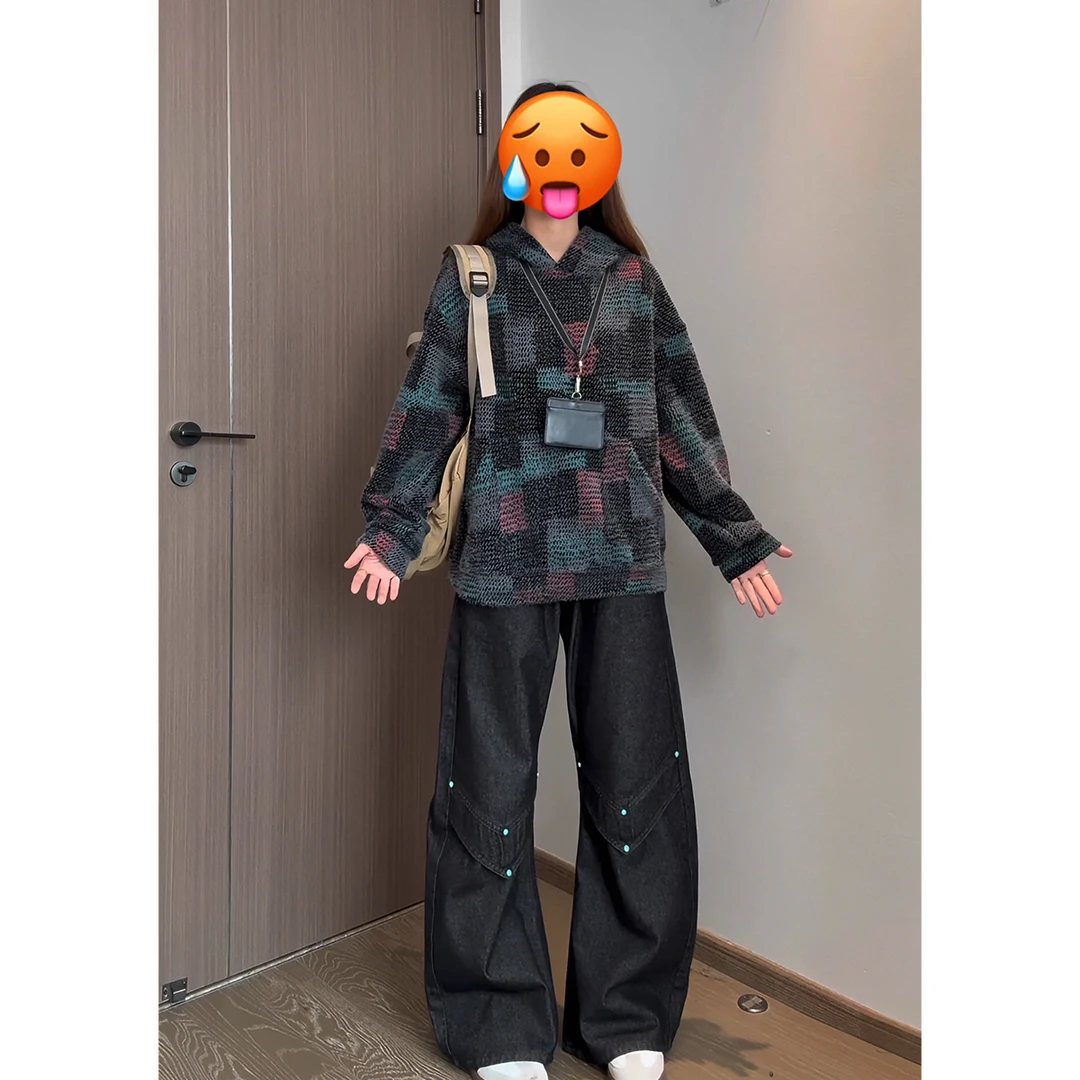 美式复古彩色格子针织连帽卫衣男秋冬季潮牌重磅cleanfit情侣外套