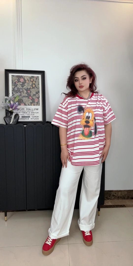 新款宽松时尚百搭红色条纹T恤