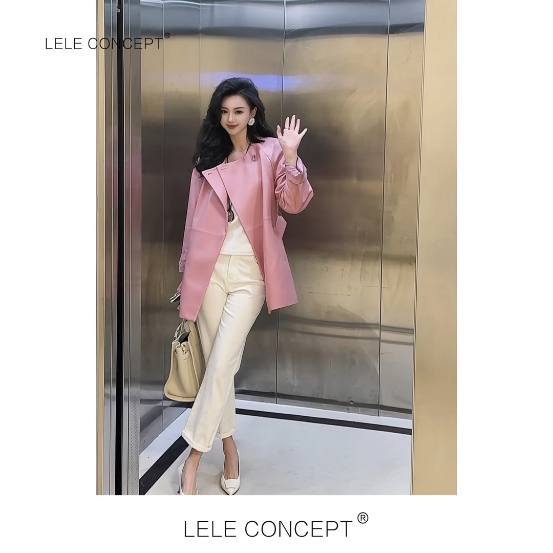 LELE CONCEPT丨【如一】轻奢高级感无领中款腰带皮衣P0084