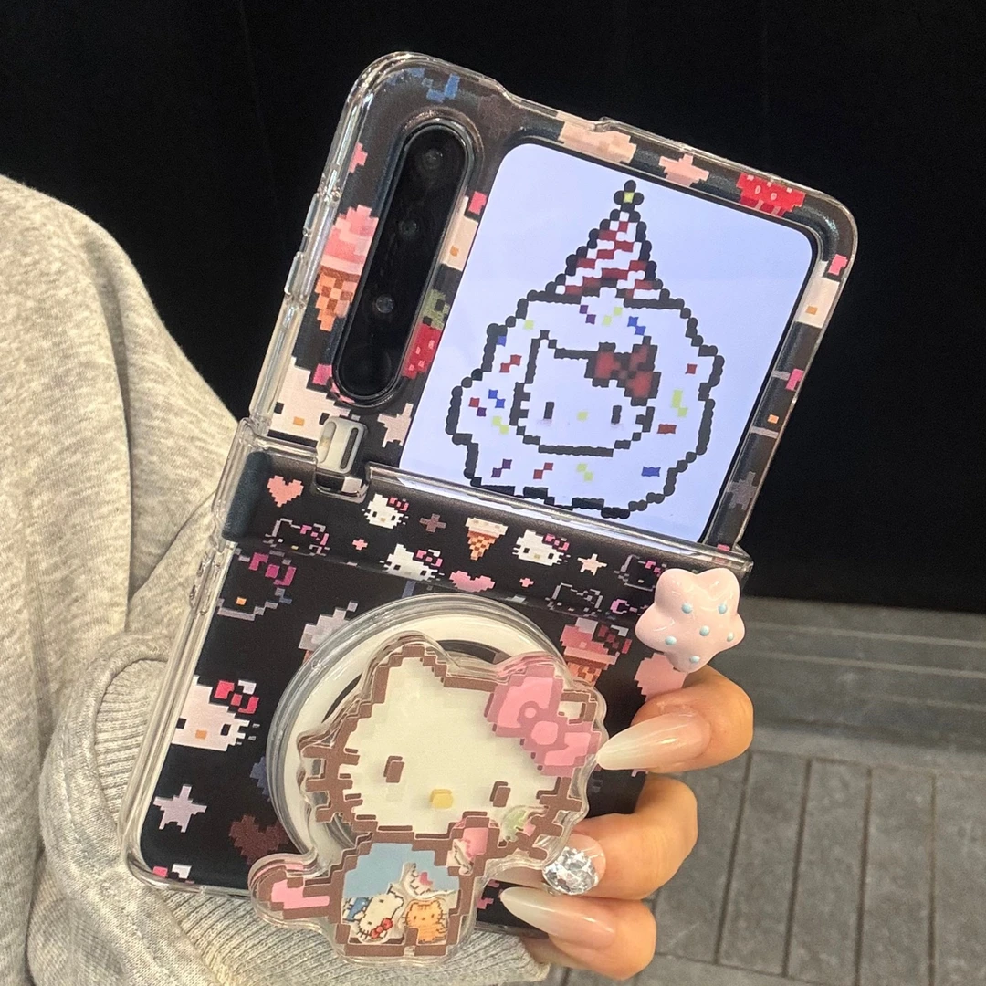 适用华为purax典藏版手机壳黑底像素kt猫pocket2立体旋转磁吸支架