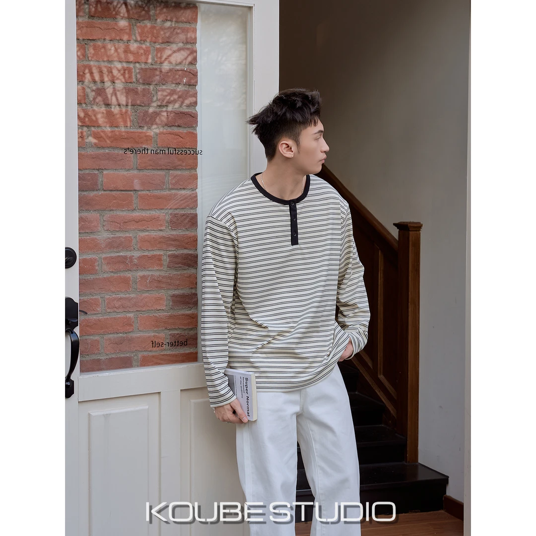余乐「亨利领 纽扣设计」撞色条纹简约ins风T恤男宽松百搭长袖上衣