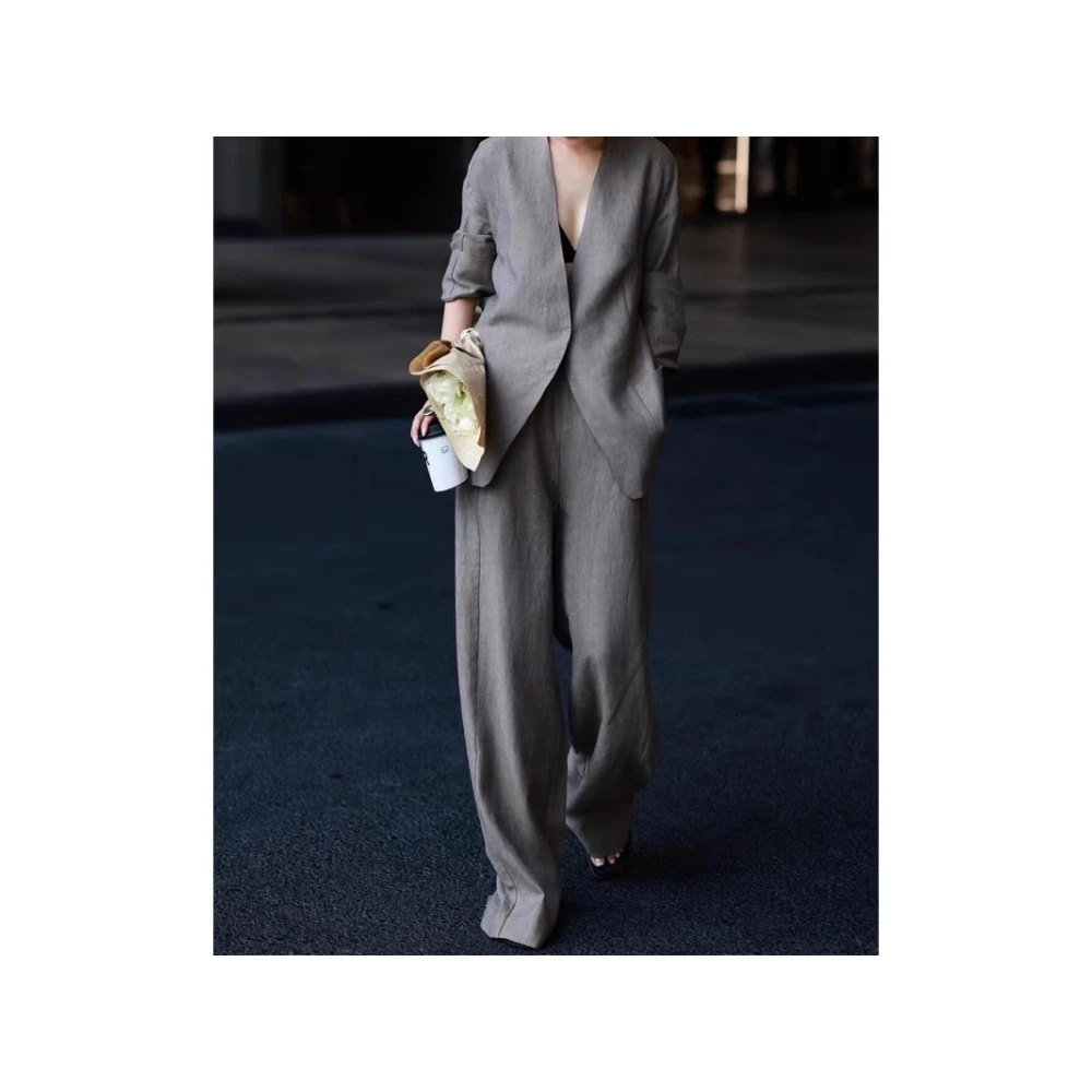 春秋高端轻奢棉麻西装套装女极简气质老钱风棉麻宽松阔腿裤两件套