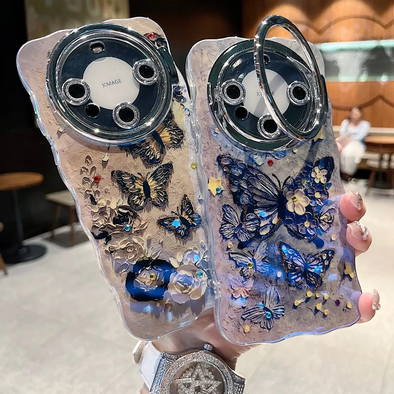 适用华为mate70系列苹果16新款手机壳蝴蝶花全包隐形支架镜头膜